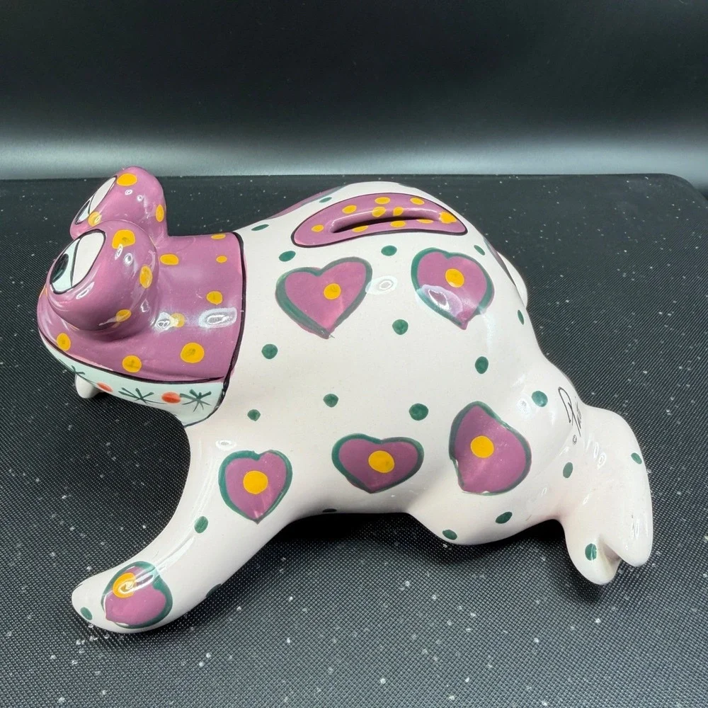 Ganz Bella Casa Ceramic Frog Piggy Bank Hand Painted Hearts Polka‎ Dots Pink